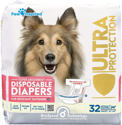 Paw Inspired Disposable Dog Diapers | Female Dog Diapers Ultra Protection | Diapers for Dogs in Heat, Excitable Urination, or Incontinence (Medium plus (32 Count))