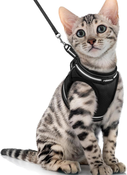 Rabbitgoo Cat Harness and Leash Set for Walking Escape Proof, Adjustable Soft Kittens Vest with Reflective Strip for Cats, Comfortable Outdoor Vest, Black, XL