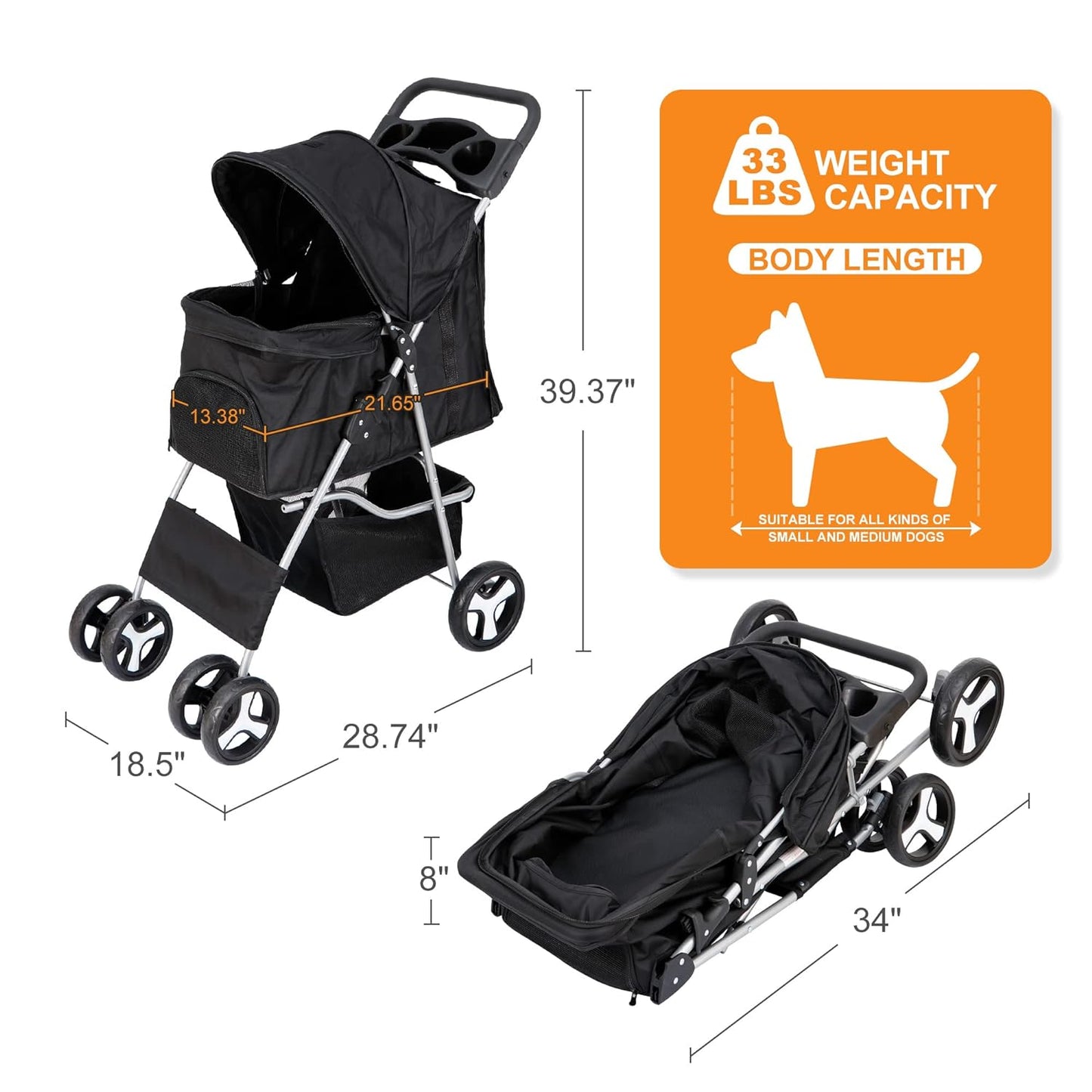 Nova Microdermabrasion Pet Stroller 4 Wheels Dog Cat Stroller for Small Medium Dogs Cats Foldable Puppy Stroller with Storage Basket and Cup Holder