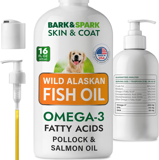 BARK&SPARK Omega 3 Fish Oil for Dogs - w/Wild Alaskan Salmon Oil for Dogs, Fish Oil Liquid Supplement for Pets, EPA+DHA Fatty Acids, Skin&Coat Support - Itch&Allergy Relief, Joint, Immune&Heart Health