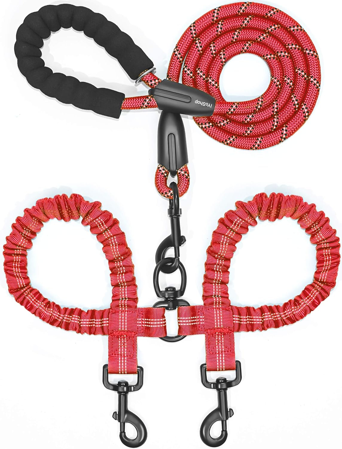 Iyoshop Dual Dog Leash, Double Dog Leash, 360 Swivel No Tangle Walking Leash, Shock Absorbing Bungee for Two Dogs, Red, Large (25-150 Lbs)