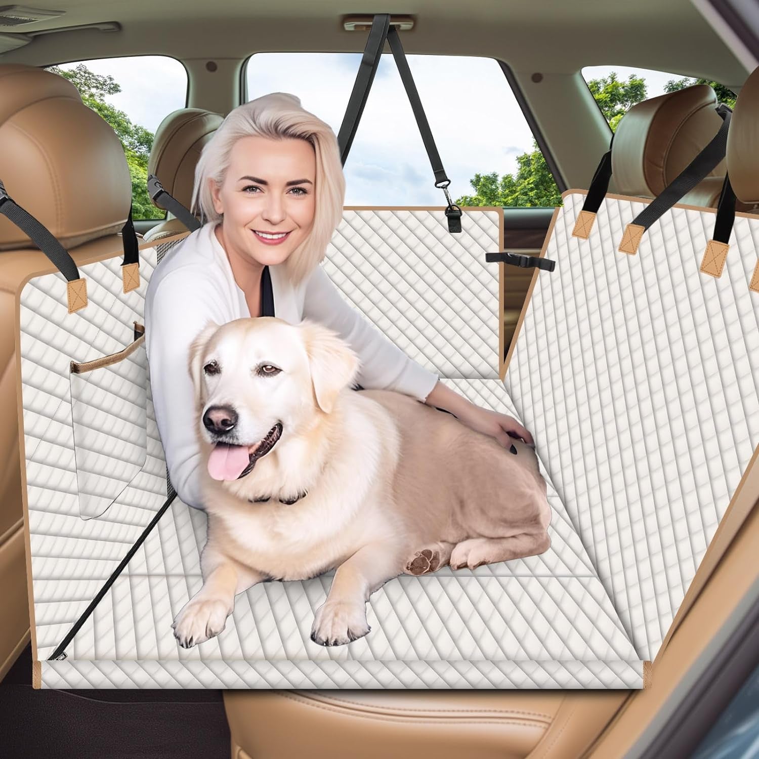 Dog Car Seat Cover for Back Seat, Larger Dog Car Bed Cover with Strong Bottom, Car Back Seat Extender for Dogs, Dog Hammock for Car SUV Truck, Beige