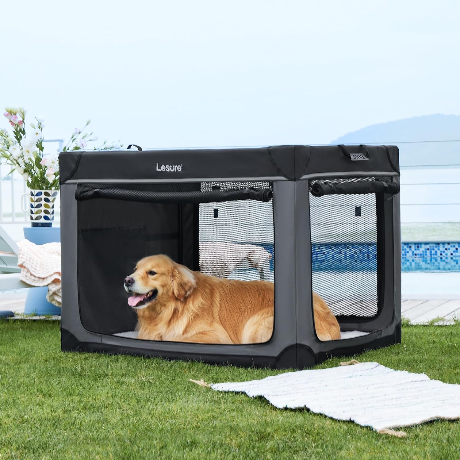 Lesure Soft Collapsible Dog Crate - 42 Inch Portable Travel Dog Crate for Extra Large Dogs Indoor & Outdoor, 4-Door Foldable Pet Kennel with Durable Mesh Windows (Black)