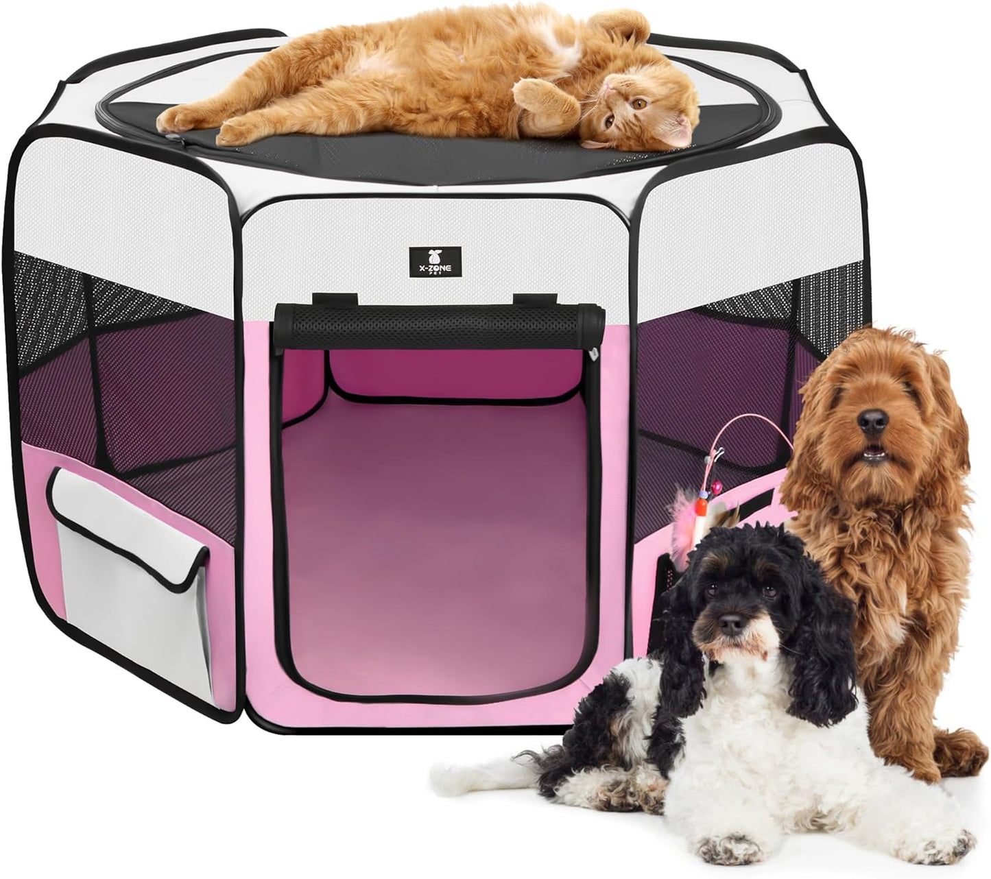 X-ZONE PET Dog Playpen Portable Pet Play Pens for Puppies, Cat, Rabbit, Chicks, Foldable Exercise Play Tent Kennel Crate, Indoor/Outdoor Travel Camping Pink Medium