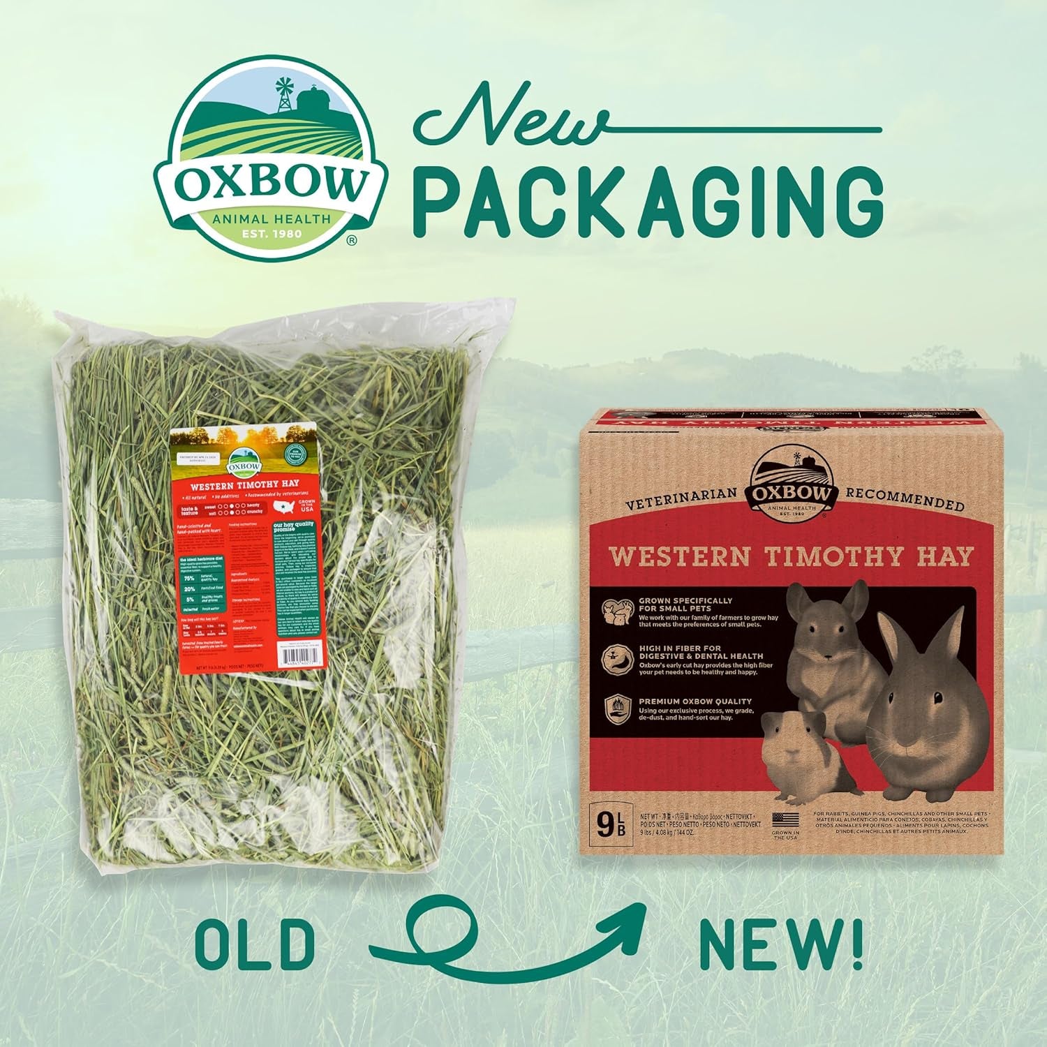 Oxbow Animal Health Western Timothy Hay - All Natural Hay for Rabbits, Guinea Pigs, Chinchillas, Hamsters & Gerbils-Veterinarian Recommended- Digestive & Dental Health- Grown in the USA- 9lb.