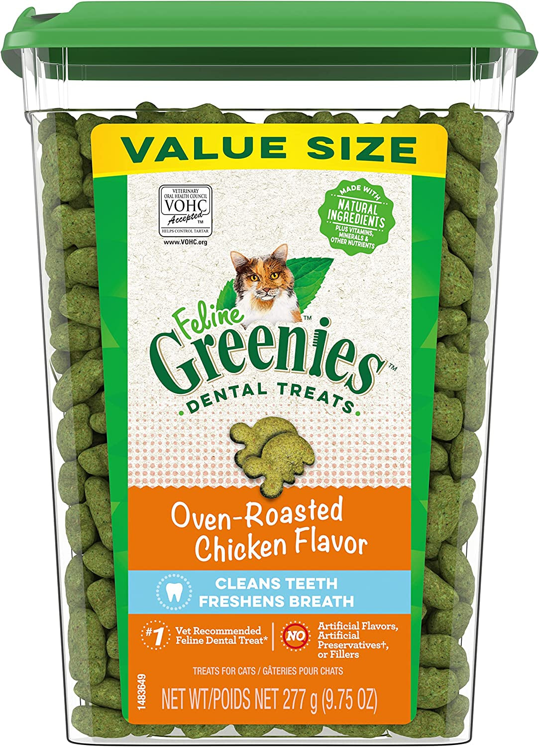 Greenies Feline Adult Natural Dental Cat Treats, Oven Roasted Chicken Flavor, 9.75 Oz. Tub