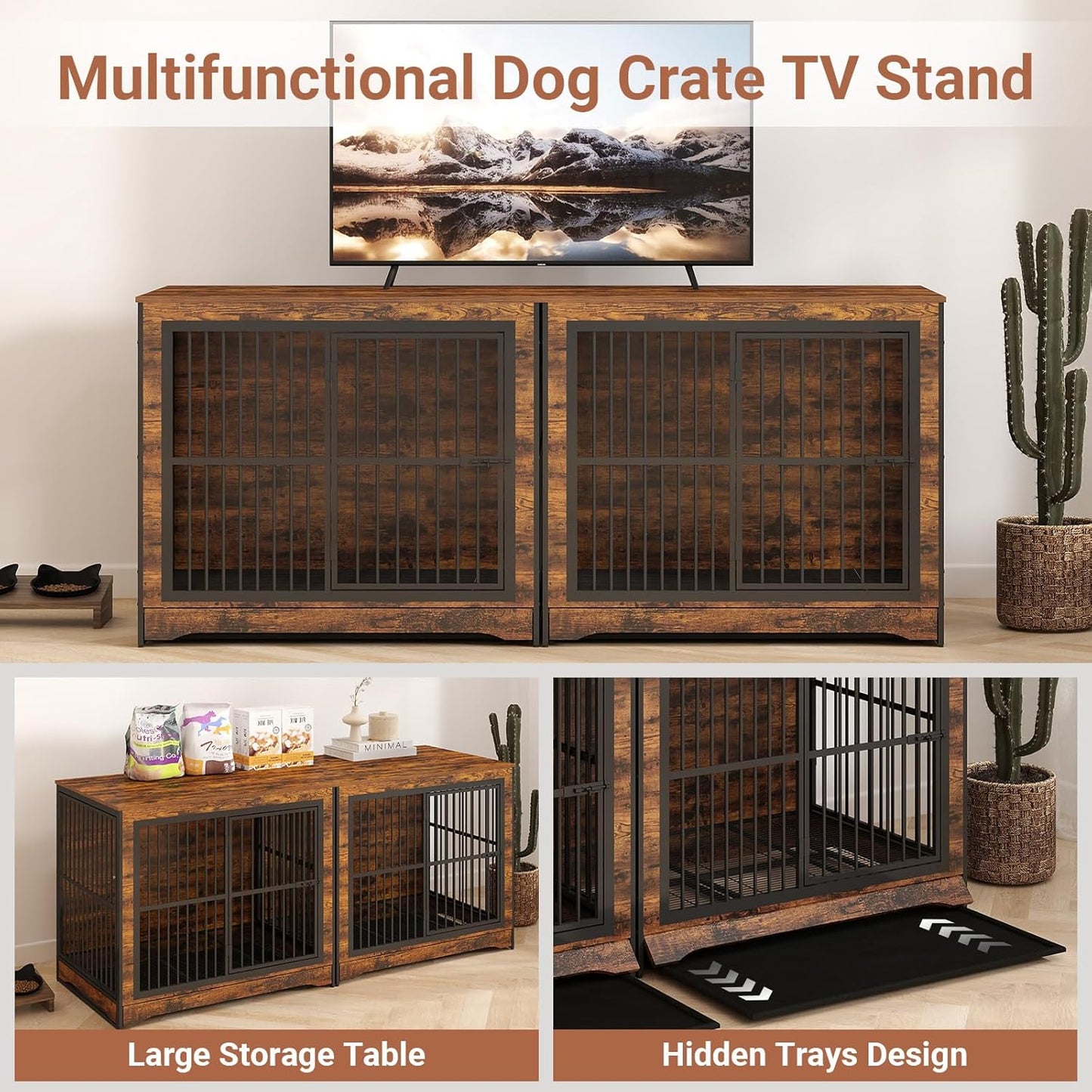 86 Inch DIY Double Dog Crate Furniture, 4 Combination Forms Large Dog Kennel Furniture with Divider and Trays, Rustic Brown Corner Double Dog Crate for 2 Dogs