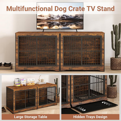 86 Inch DIY Double Dog Crate Furniture, 4 Combination Forms Large Dog Kennel Furniture with Divider and Trays, Rustic Brown Corner Double Dog Crate for 2 Dogs