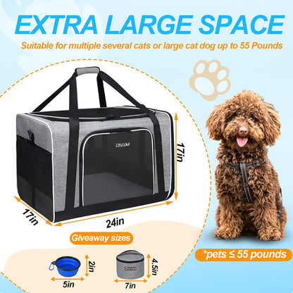 Large Pet Carrier with Wheels 24"X17"X17" for Large Cats, Pet Carrier for 2 Cats or Medium Dog, Cat Carrier for Car Travel with Litter Box and Bowl, Cat Soft Carrier with Locking Safety Zipper