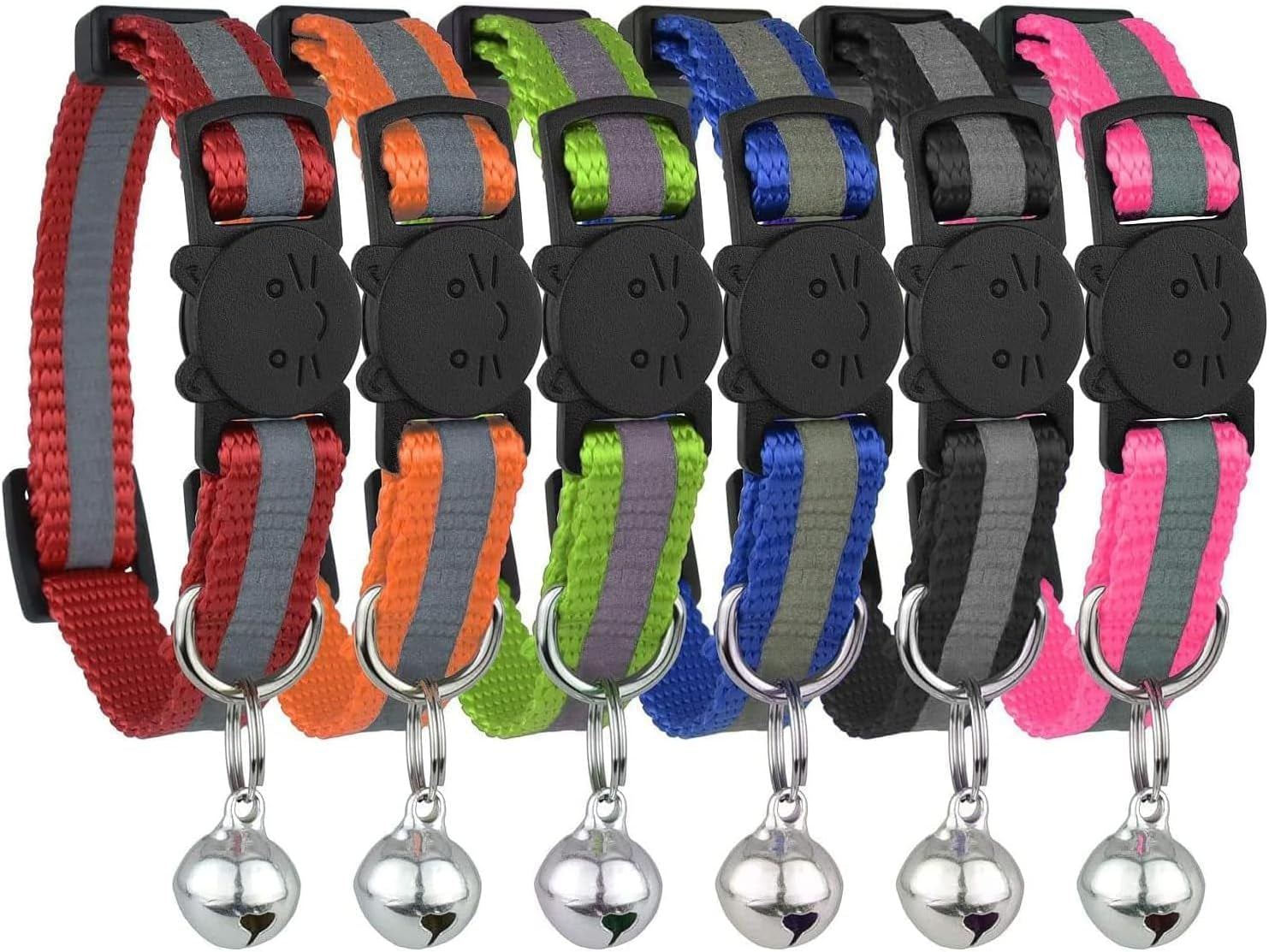 Upgraded Version - Reflective Cat Collar with Bell, Set of 6, Solid & Safe Collars for Cats, Nylon, Mixed Colors, Pet Collar, Breakaway Cat Collar Charms, Free Replacement