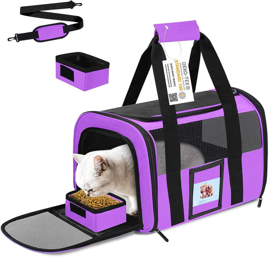 Cat Carrier, Dog Carrier, Pet Carrier Airline Approved for Cat, Small Dogs, Kitten, Cat Carriers for Small Medium Cats under 15Lb, Collapsible Soft Sided TSA Approved Cat Travel Carrier-Purple