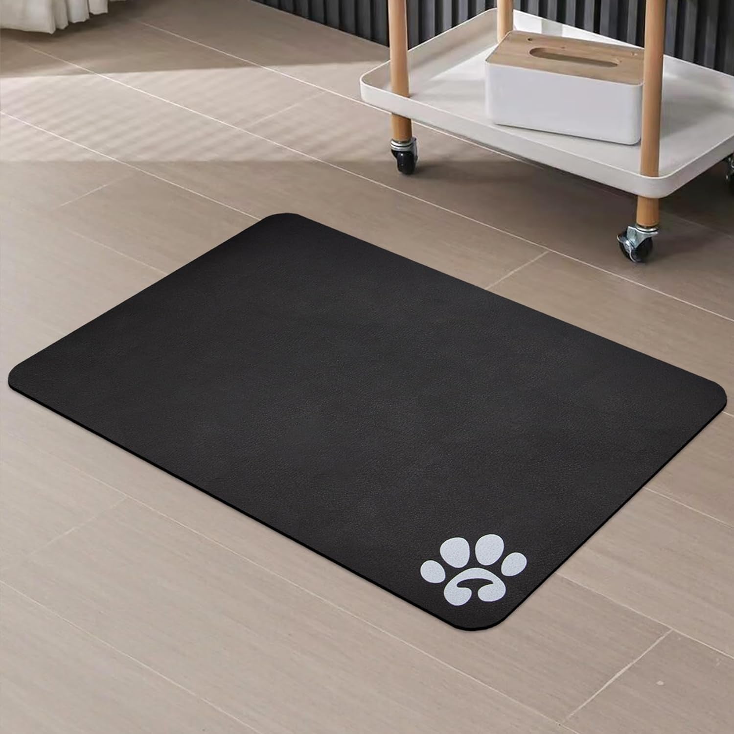 YCT Pet Cat Food Mats for Dog Food Mat, Cat Mat for Food, Pet Dog Cat Feeding Mat Eating Mat Pet Dog Cat Bowl Mats, Non-Slip Super Absorbent, with Footprints Logo，24 X 16.9 Inches, Black