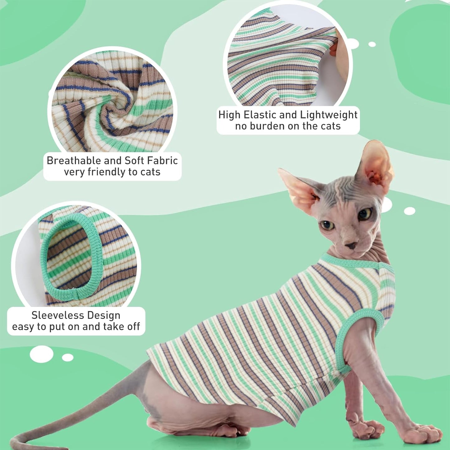 Nanaki Hairless Sphynx Cat Clothes Sphynx Sweaters for Cats Sleeveless, Cat Sweater Cat Shirts for Cats Only, Stripe Cat Shirt T-Shirts Breathable Cat Apparel Vest Pajamas Jumpsuit for Cats Small Dogs