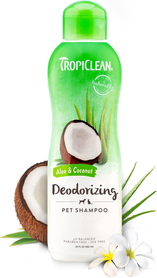 Tropiclean Aloe & Coconut Deodorizing Dog Shampoo for Smelly Dogs | Odor Control Shampoo for Stinky Dogs | Natural Pet Shampoo Derived from Natural Ingredients | Cat Friendly | Made in the USA | 20 Oz