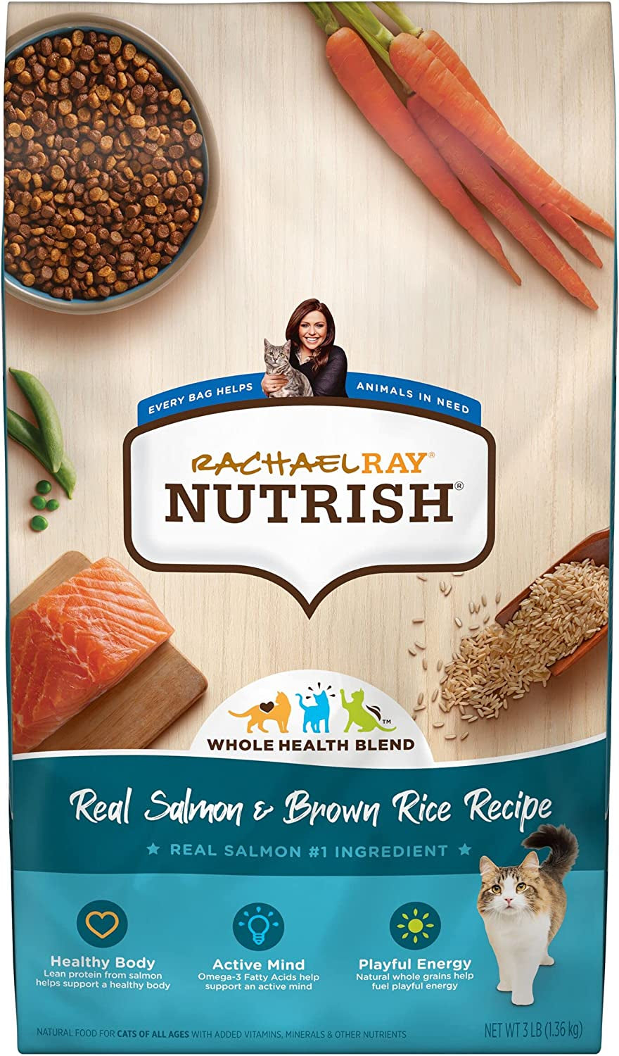 Rachael Ray Nutrish Premium Natural Dry Cat Food, Real Salmon & Brown Rice Recipe, 3 Pounds (Packaging May Vary)