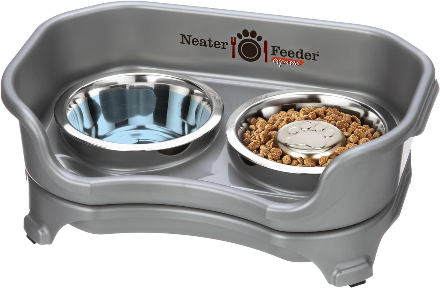 Neater Feeder - Express Model W/Slow Feed Bowl - Mess-Proof Dog Bowls (Small, Grey) Made in USA – Elevated, No Spill, Non-Tip, Non-Slip, Raised Stainless Steel Food/Water Pet Bowls Aid Digestion