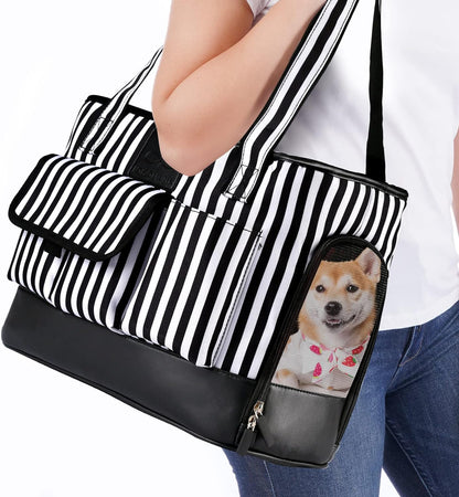 Cat Carrier, Dog Carrier, Pet Carrier, Foldable Waterproof Premium PU Leather Oxford Cloth Dog Purse, Portable Bag Carrier for Small to Medium Cat and Small Dog - Black White Stripes New