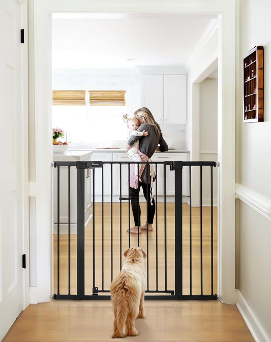COMOMY 36" Extra Tall Baby Gate for Stairs Doorways, Fits Openings 29.5" to 46" Wide, Auto Close Extra Wide Dog Gate for House, Pressure Mounted Easy Walk through Pet Gate with Door, Black
