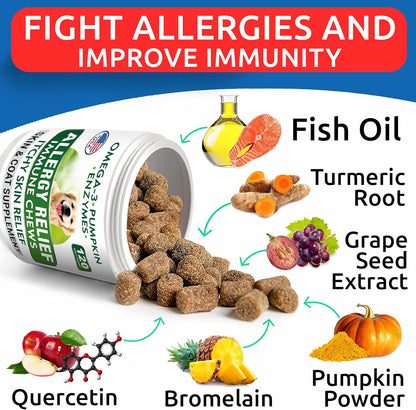 BARK&SPARK Dog Allergy Relief Chews (240 Immune Treats) - Anti-Itch Skin & Coat Supplement - Omega 3 Fish Oil - Itchy Skin Relief Treatment Pills - Itching & Paw Licking - Dry Skin & Hot Spots - Bacon