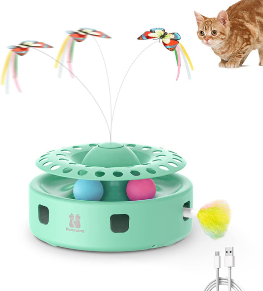 Potaroma Cat Toys 3-In-1 Automatic Interactive Kitten Toy, Fluttering Butterfly, Random Moving Ambush Feather, Track Balls, Dual Power Supplies, USB Powered, Indoor Exercise Cat Kicker (Green)