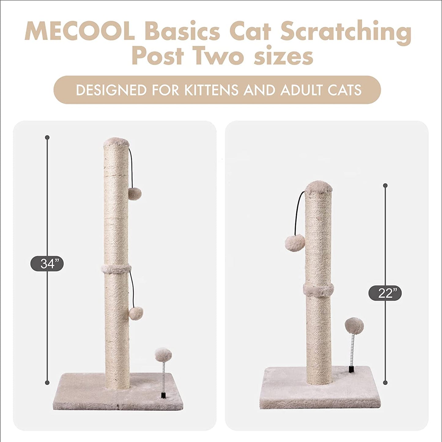 MECOOL Cat Scratching Post Premium Basics Kitten Scratcher Sisal Scratch Posts with Hanging Ball 22in for Kittens or Smaller Cats (22 inches for Kitten, Beige)