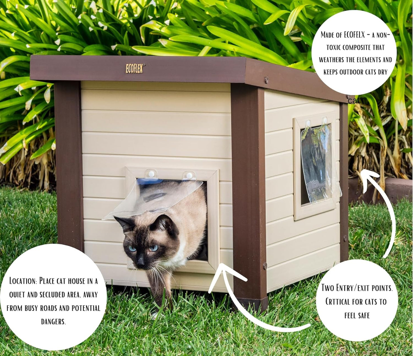 New Age Pet® ECOFLEX® Albany Outdoor Feral Cat House for Multiple Cats with Quick & Easy Assembly, 2 Vinyl Door Flaps Included, Moisture and Odor Resistant