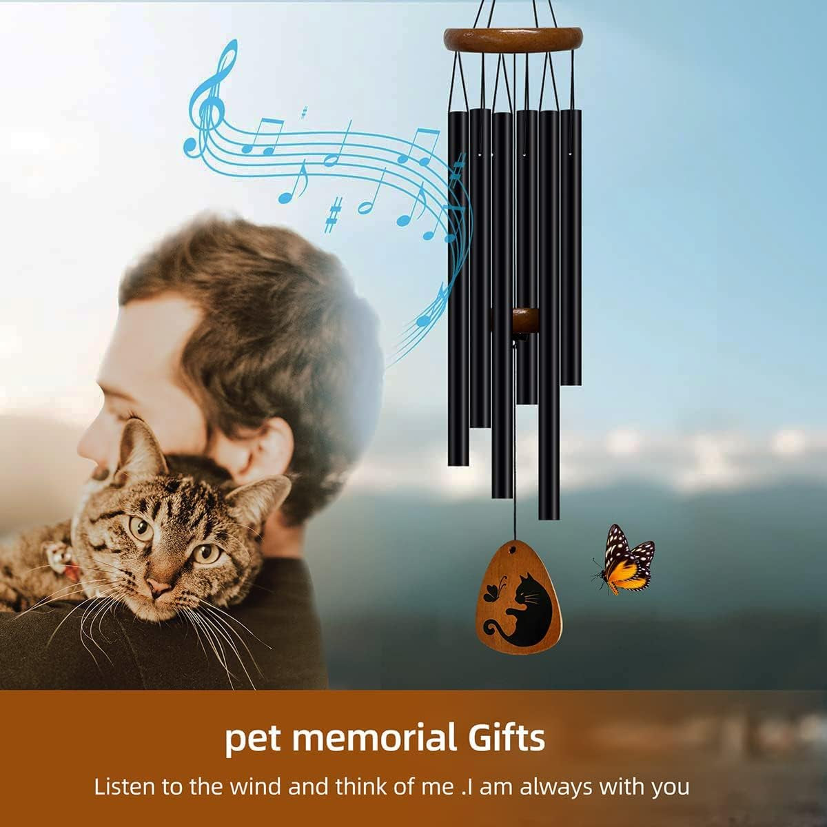 Cat Memorial Gifts - Cat Memorial Wind Chimes, Loss of Cat Sympathy Gift,Pet Sympathy Gifts for Cats, Remembrance Gifts for Loss of Cat 28 Inches（Golden）