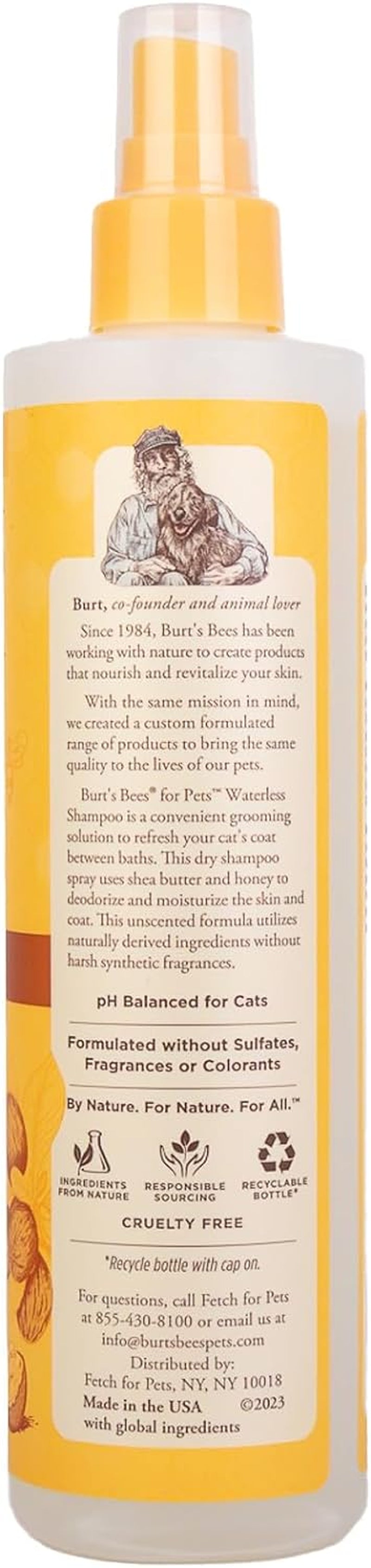 Burt'S Bees for Pets Cat Naturally Derived Waterless Shampoo with Shea Butter and Honey - Cat Waterless Shampoo Spray - Easy to Use Cat Dry Shampoo - Made in the USA, 10 Oz