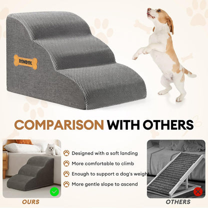 Dog Stairs, Romrol Dog Steps Ramp for High Bed and Couch, Dog Ramp with Durable Non-Slip Waterproof Fabric Cover, Pet Stairs for Small Dogs and Cats or Pets Joints, 4-Tiers,Coffee