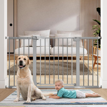 BABELIO 29-55 Inch Extra Wide Baby Gate, Metal Auto Close Dog Gate for the House and Doorways, Pressure Mounted Pet Gate, NO Tools Needed NO Drilling, with Wall Cups, Gray