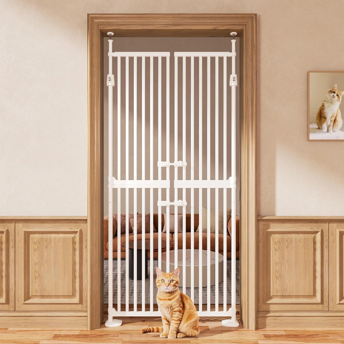 71" High Extra Tall Cat Gate, 33.85-35.43" Wide Cat Safety Gate, 1.34" Extra Narrow Gap, Auto Close, No Drilling, Double Pet Door for Doorways, Kitchen