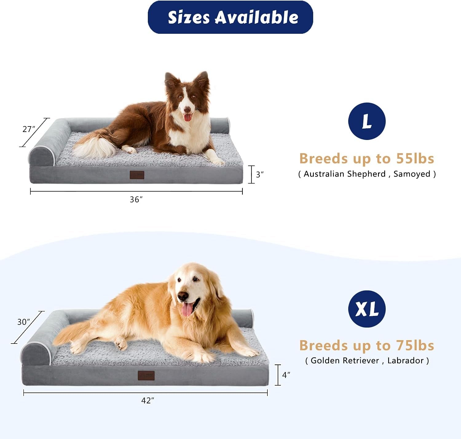 Orthopedic Dog Beds Extra Large Sized Dog, Pet Sofa Bed with Removable Washable Cover, Egg Foam Support, Bolster Cushion for Comfortable Sleep, Waterproof Lining and Non-Slip Bottom