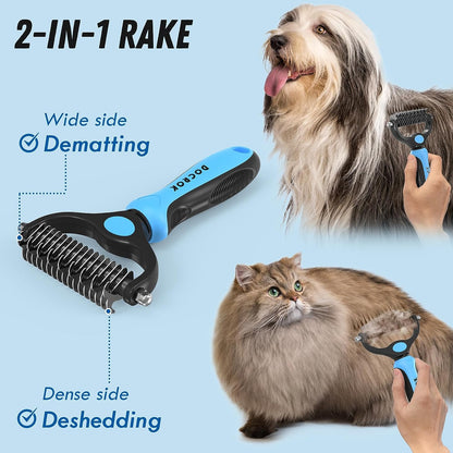 Pet Grooming Brush and Metal Comb Combo, Cat Brush Dog Brush for Shedding, Undercoat Rake for Dogs Grooming Supplies, Dematting Deshedding Brush Dogs Shedding Tool for Long Matted Haired Pets, Blue