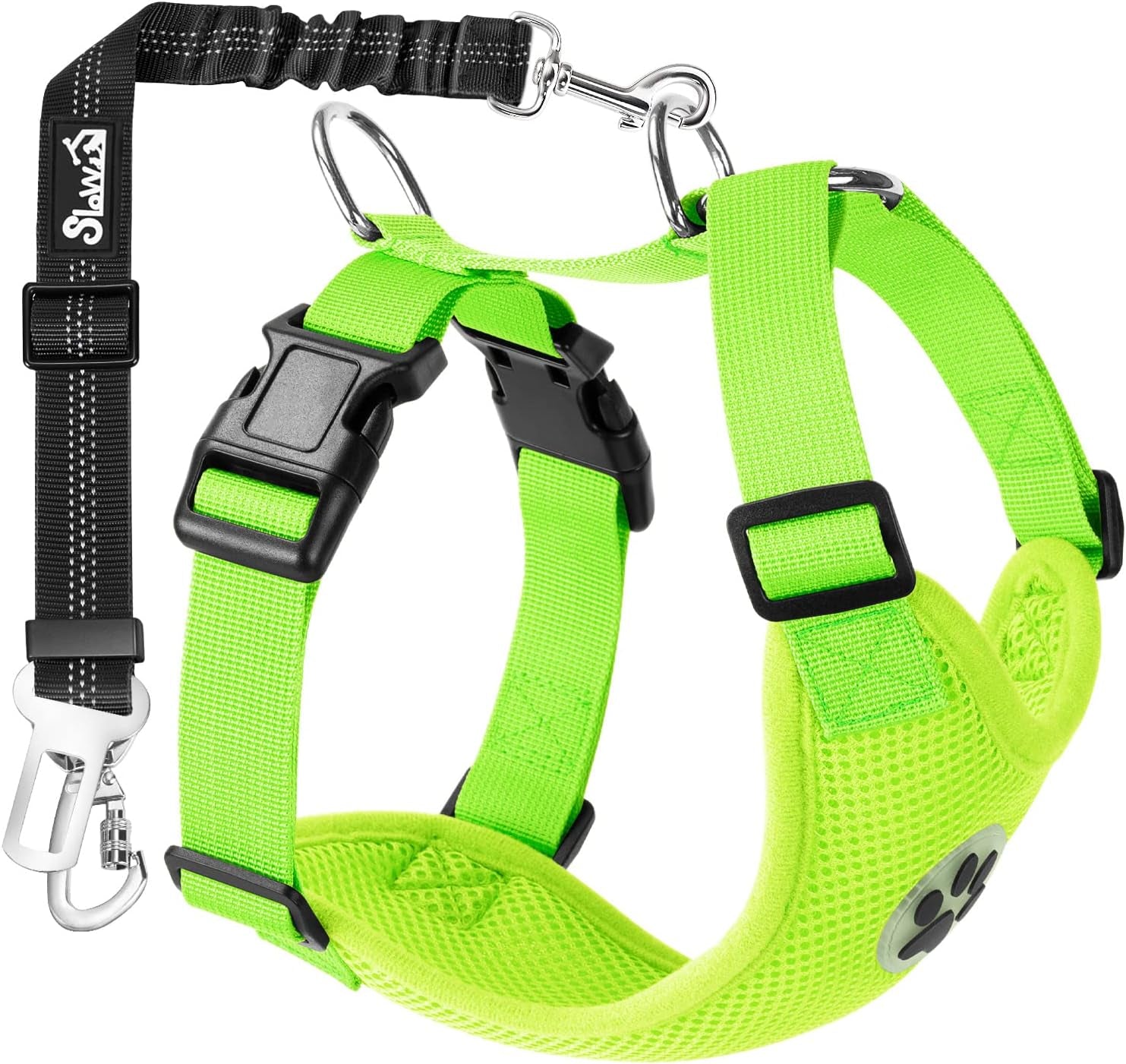 Slowton Dog Seat Belt Harness for Car, Dog Car Harness Adjustable Mesh Breathable & Dog Seatbelt Safety Tether with Elastic Bungee for Small Medium Large Pets(Lime, Double Clip, S)