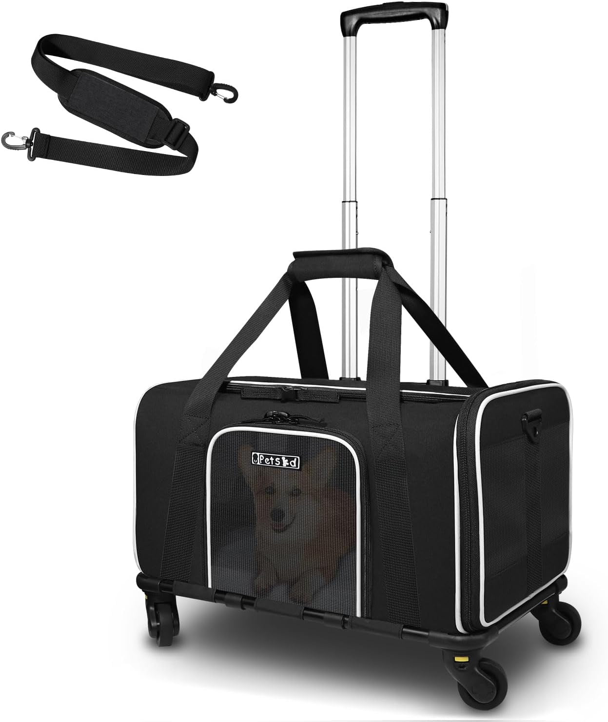 Pet Carrier with Wheels 18.5X13X9.5 Southwest Airline Approved, Soft Dog Carrier for 1-15 LBS Pets with Safety Lock Zipper (Black)