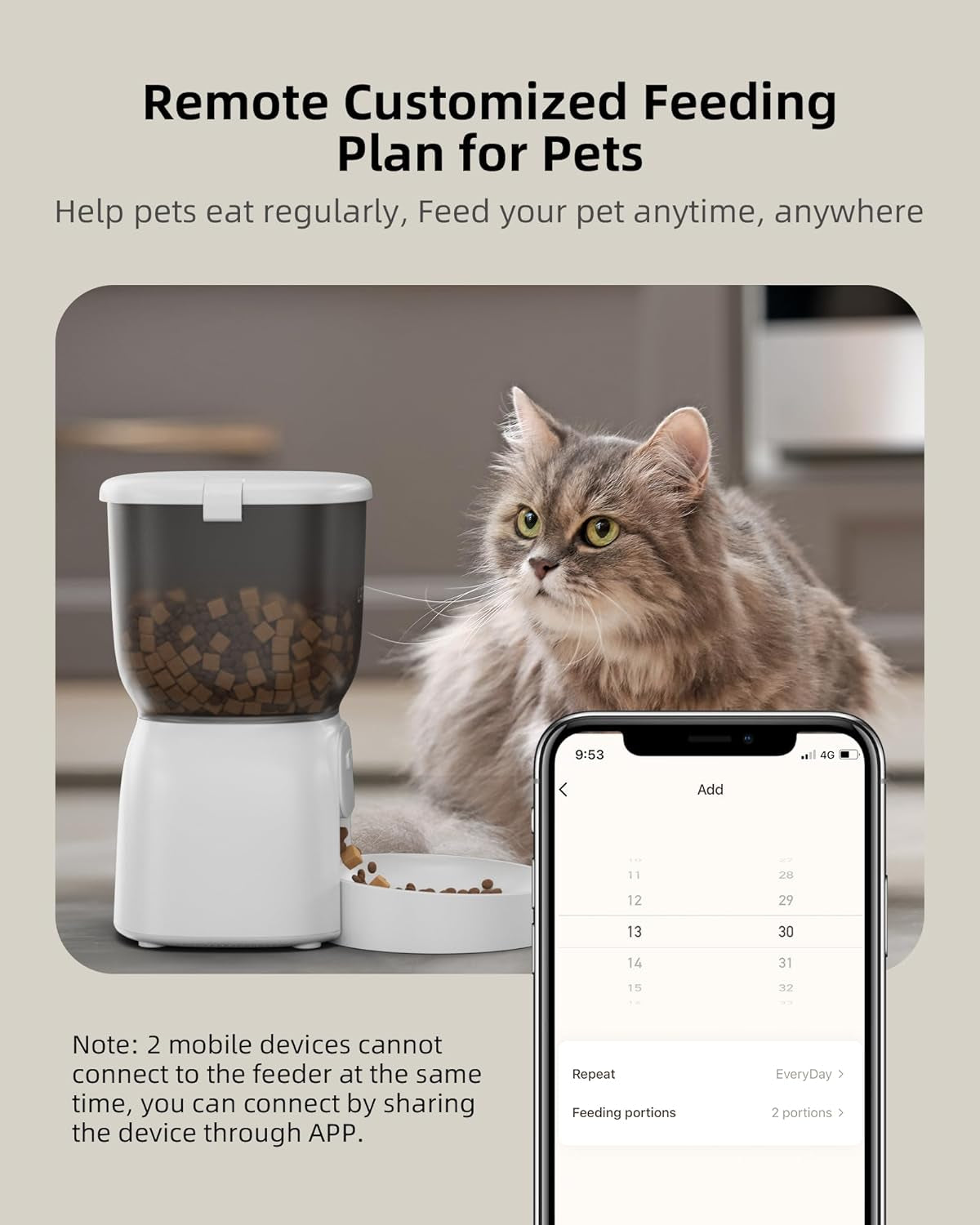 Smart Automatic Cat Feeder - Wifi Cat Food Dispenser with APP Control up to 15 Portions((8G/Portion) 10 Meals per Day, Dual Power Supply Pet Feeders for Cats/Dogs (4L/16.9 Cups)