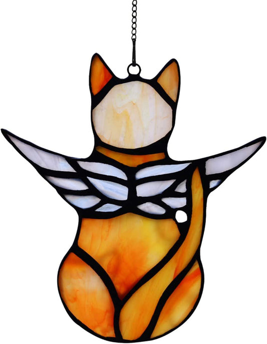 BOXCASA Angel Cat Memorial Gifts Ornaments,Stained Glass Window Hanging Decorations,Angel Wings Orange Cat Suncatcher Decor,Cat Lovers Gifts Ornaments,Pet Memorial Sympathy Gifts Decoration