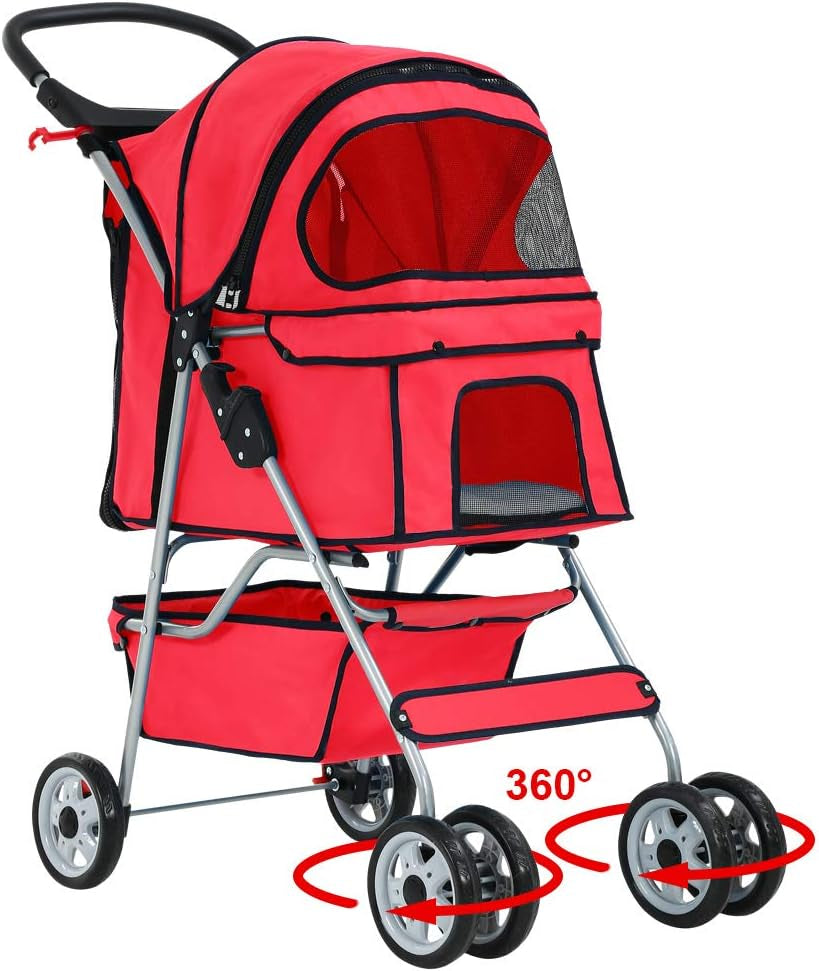 Bestpet Pet Stroller Cat Dog Cage Stroller Travel Folding Carrier,Red