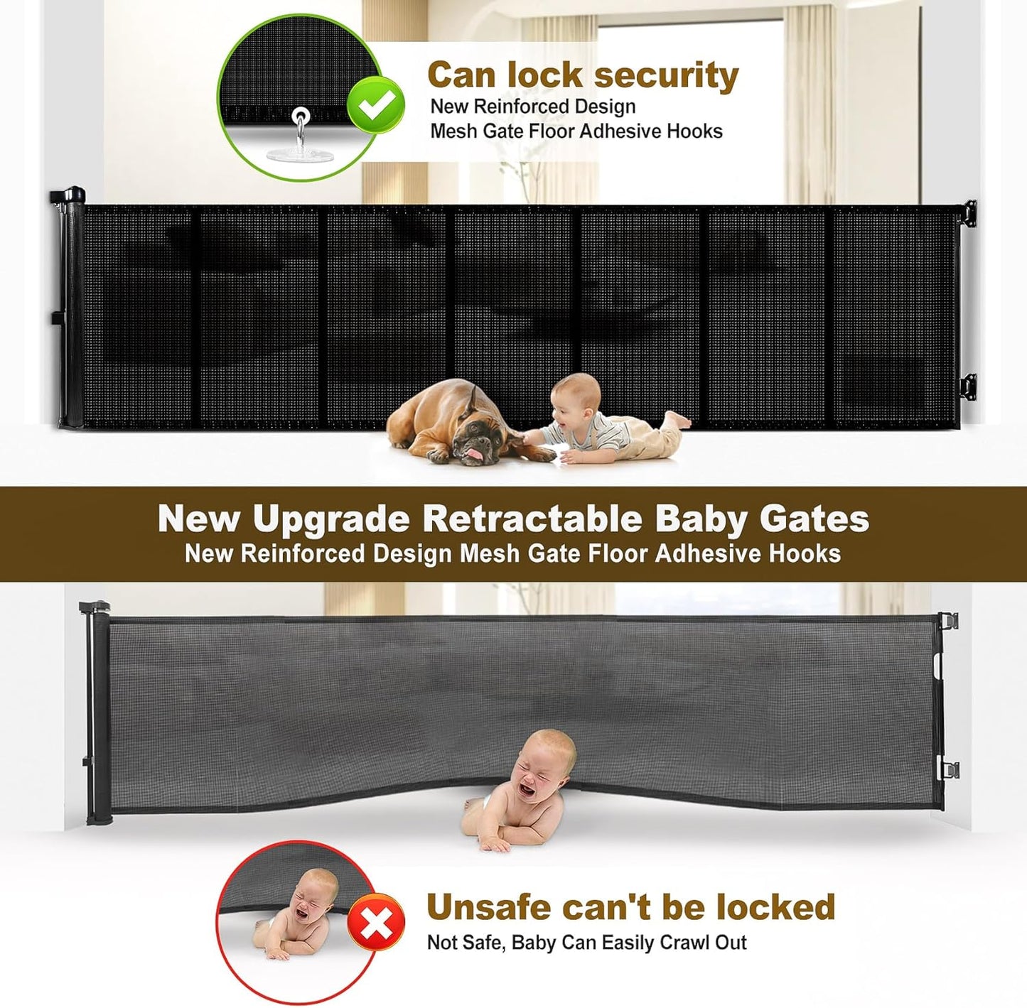 Upgrade 120 Inch Retractable Baby Gates Extra Wide with Reinforced Strip Design to Prevent Crawling Through, 10 Foot Retractable Dog Gate, 34" Tall, Retractable Gate for Indoor/Outdoor(Black)