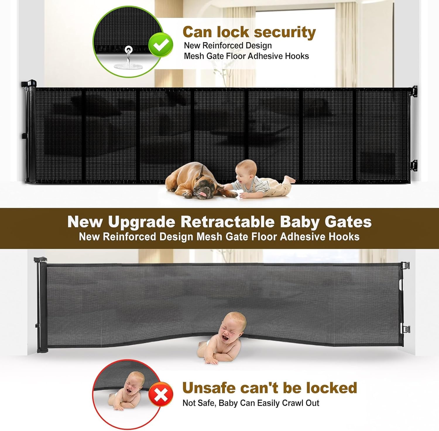 Upgrade 59" Retractable Baby Gates for Stairs, Retractable Dog Gate 34" Tall, Extends to 55" Wide, 5 Foot Retractable Baby Gate, Retractable Gate for Doorways, Hallways, Indoor/Outdoor(Black)