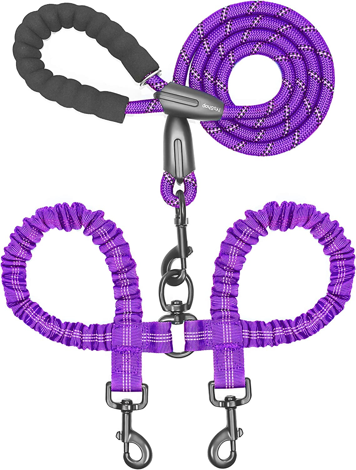 Iyoshop Dual Dog Leash, Double Dog Leash, 360 Swivel No Tangle Walking Leash, Shock Absorbing Bungee for Two Dogs, Purple, Large (25-150 Lbs)