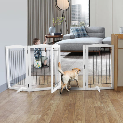 Free Standing Panel Dog Gate with Door for Indoor,Doorways,House, Hallways,Or Stairs Freestanding Foldable Gate for Dog White Wooden Puppy Gate Pet Gate 32''H