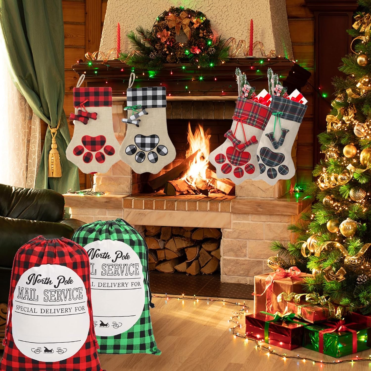 XinblueCo Christmas Pet Stockings Cat Dog Paw Dog Fish Bone Pattern Stockings Buffalo Plaid Fireplace Hanging Stockings for Fireplace Tree Decoration