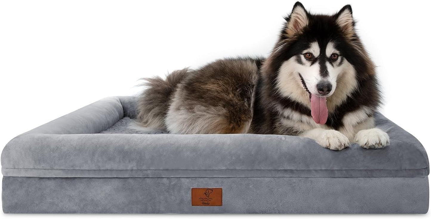 Large Dog Bed, Grey Orthopedic Gel Memory Foam Dog Bed, Washable Dog Bed with Removable Cover, Waterproof Non-Slip Bottom Big Dog Couch Bed