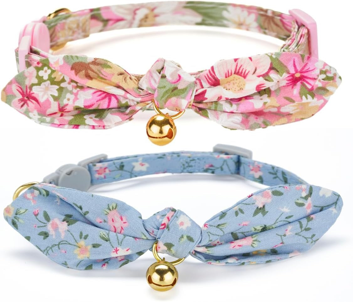 Cotton Bowtie Cat Collar with Bell 2 Pack Stylish Floral Breakaway Kitten Collars with Removeable Knot Bow,Blue & Pink