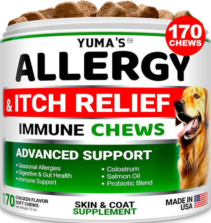 YUMA'S Dog Allergy Relief Chews - Dog Itching Skin Relief Treatment Pills - 170 Treats - Anti-Itch for Dogs - Itchy and Paw Licking - Dry Skin & Hot Spots - Omega 3 Fish Oil - Skin & Coat Supplement