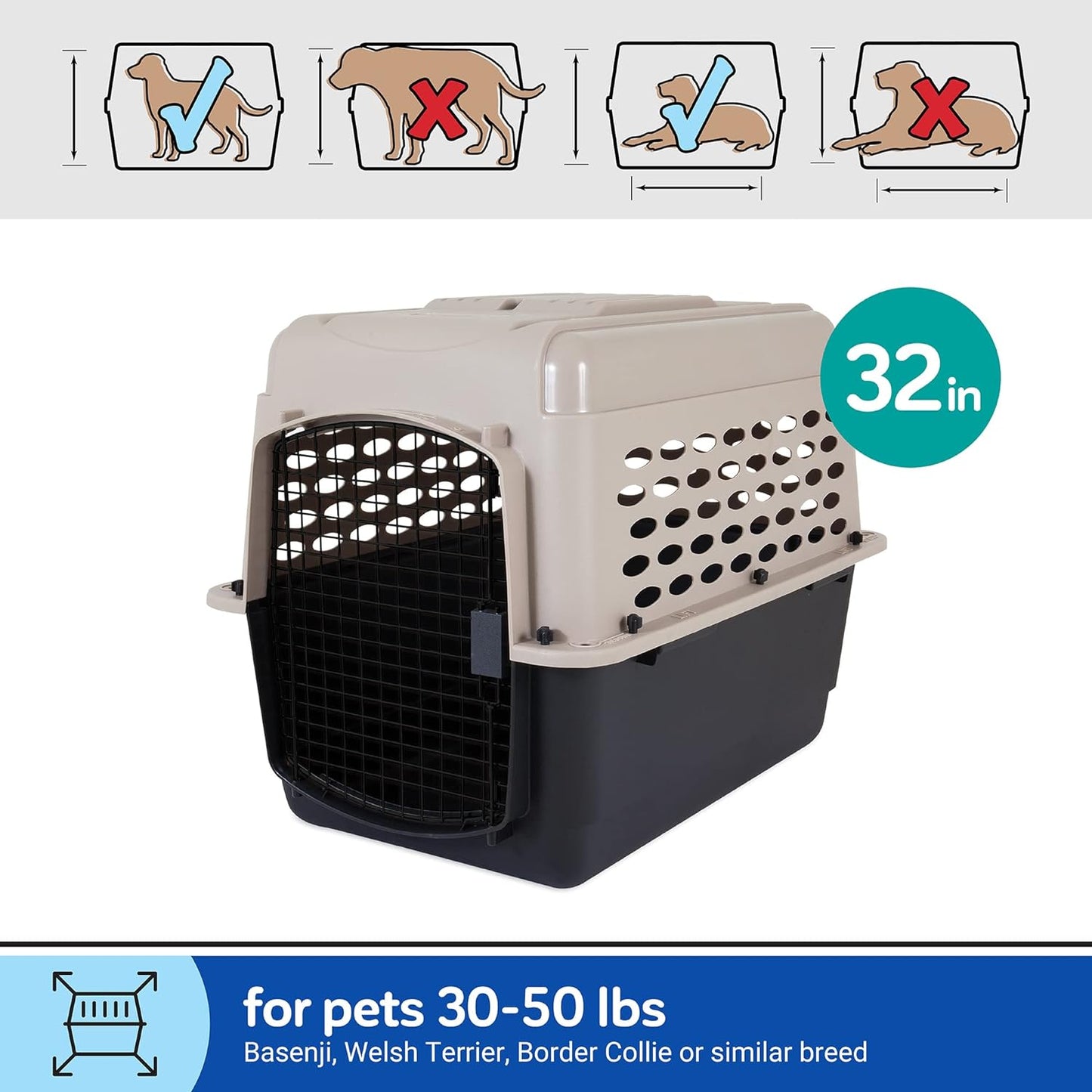 Petmate Vari Dog Kennel 32", Taupe & Black, Portable Dog Crate for Pets 30-50Lbs, Made in USA