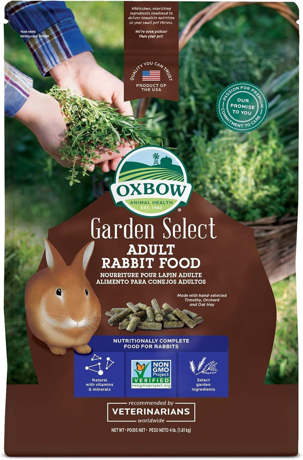 Oxbow Animal Health Garden Select Adult Rabbit Food, Garden-Inspired Recipe for Adult Rabbits, No Soy or Wheat, Non-GMO, Made in The USA, 4 Pound Bag