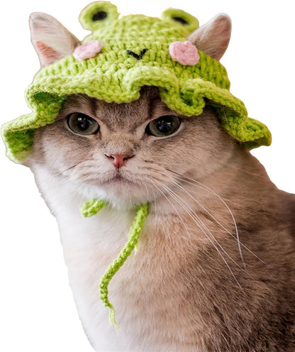 QWINEE Cartoon Design Knit Cute Dog Hat Soft Cat Hat Rabbit Hat Halloween Christmas Party Costume Head Wear Accessories for Puppy Cat Kitten Small Dogs Small Animals Green and Pink Medium