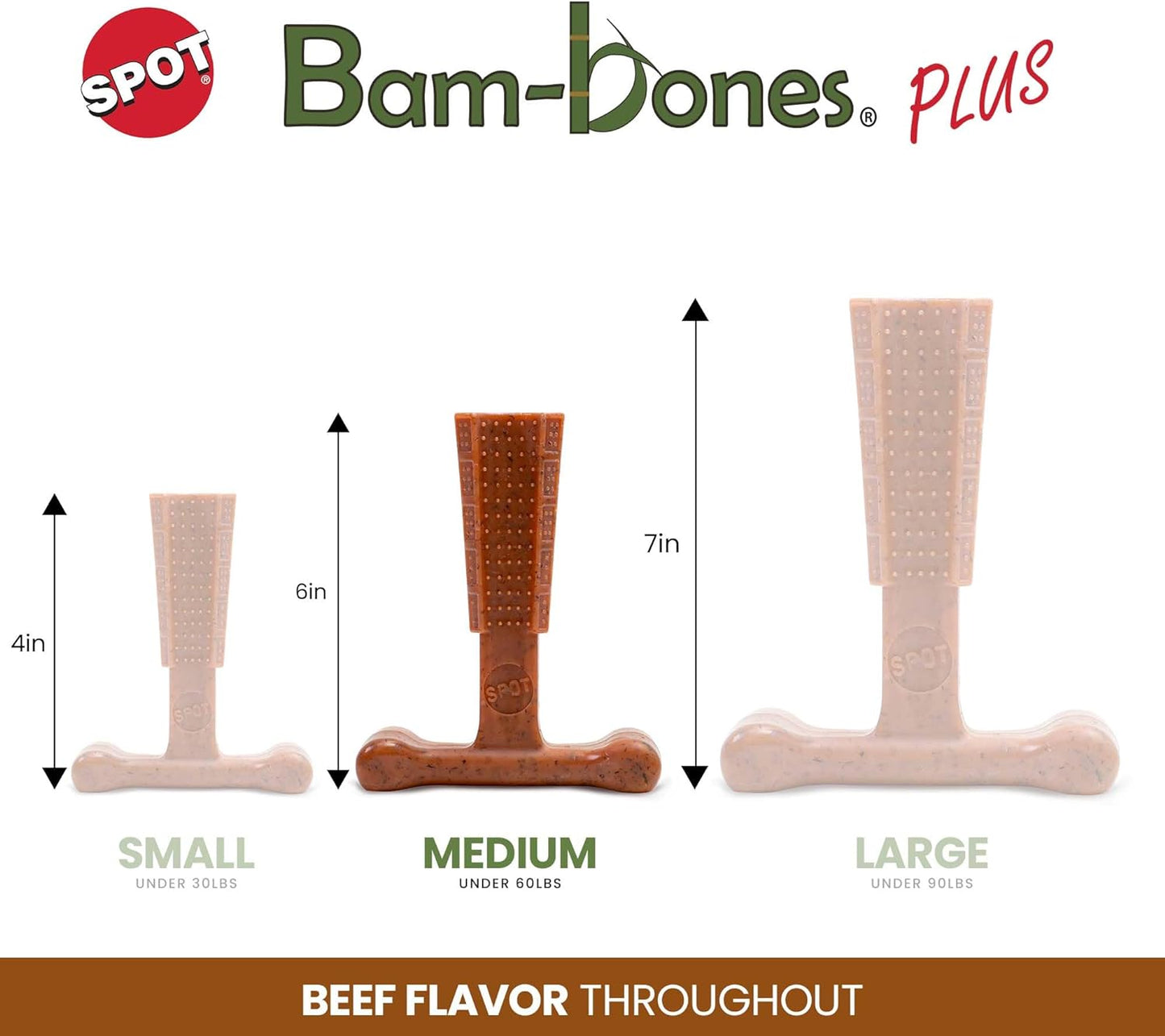 SPOT Bam-Bones plus T Bone - Bamboo Fiber & Nylon, Durable Long Lasting Dog Chew for Aggressive Chewers – Great Toy for Adult Dogs & Teething Puppies under 30Lbs, Non-Splintering, 4In, Beef Flavor